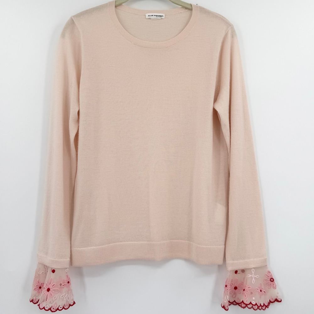 100% Merino Wool Pink Club Monaco Sweater Embroidered Flutter Cuffs Size M